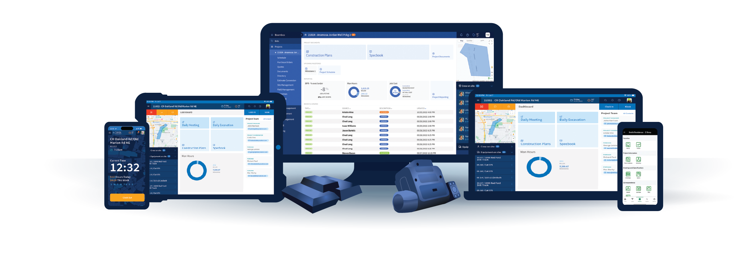 Heavy civil construction management software connecting field, office, and fleet workflows across desktop and mobile devices