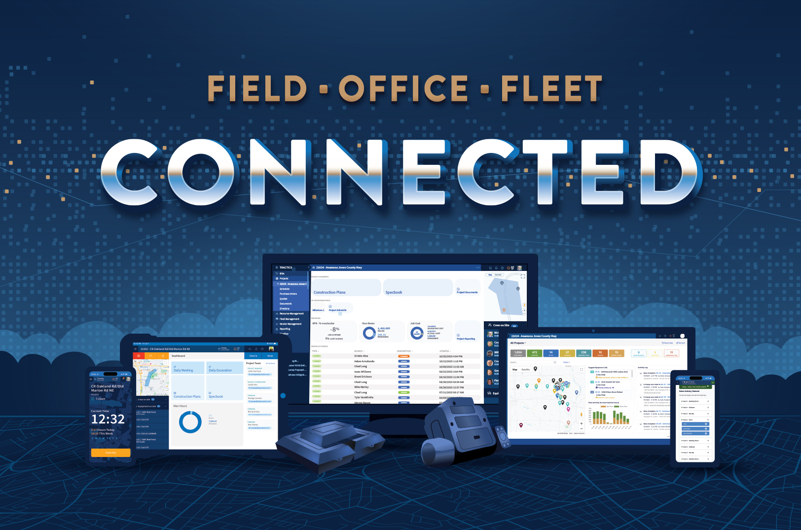 Connected construction management platform showing field, office, and fleet software working together in real time