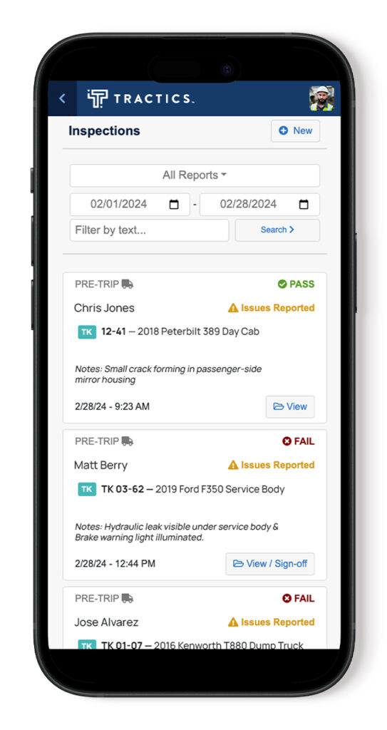 Construction equipment inspection mobile app showing pass fail reports and vehicle issues in real time