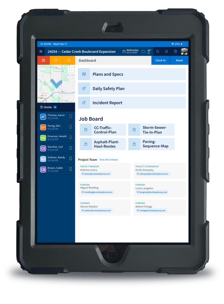 Construction site monitoring tools dashboard on rugged tablet showing live crew, map, safety, and project data