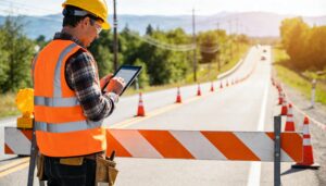 Construction worker using a civil construction software near a road construction site