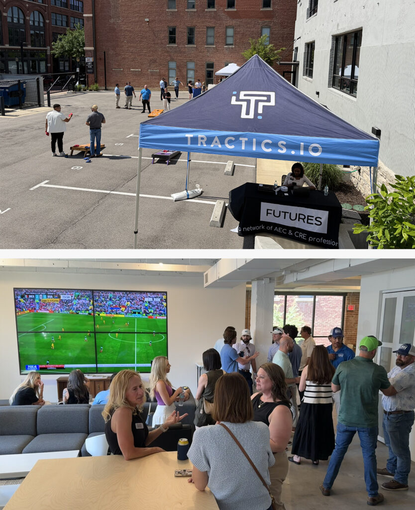 Guests gather inside and outside the Tractics office for the KC Futures Summer Social and 2026 World Cup kickoff event.